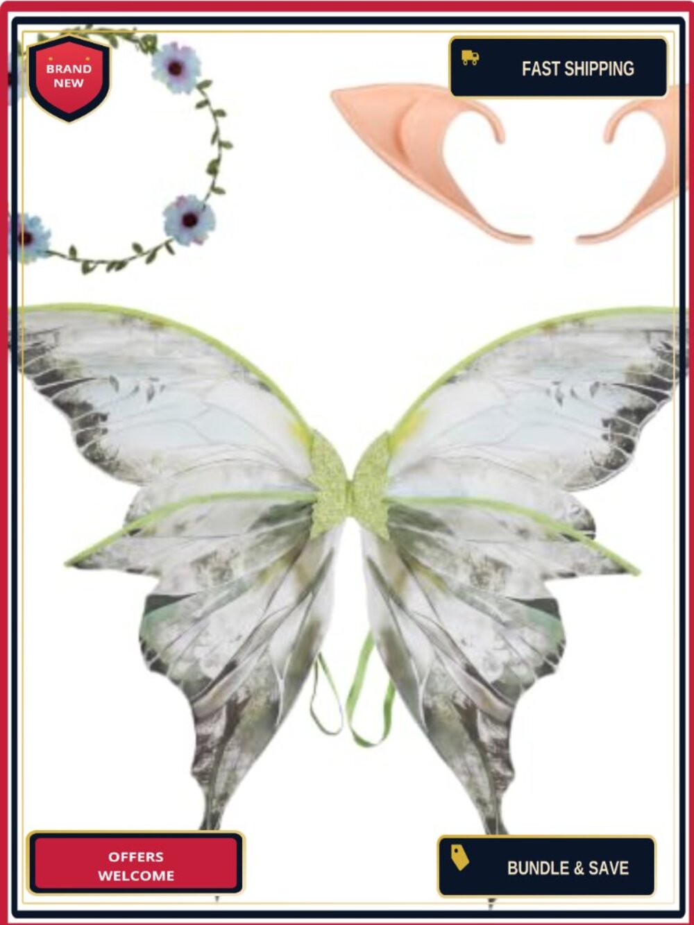Fairy Wings Halloween Costume Set with Elf Ears Arm Wrap Women Fantasy Accessory